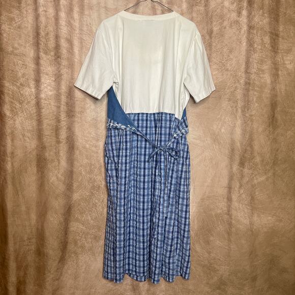 Vintage 90s Country Wear Denim Vest Maxi Dress Floral Embroidered Plaid Cottage - Picture 5 of 11